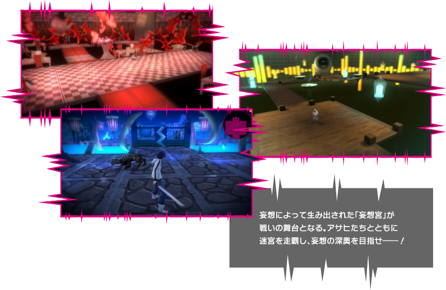 妄想によって生み出され『妄想宮』が戦いの舞台となる。アサヒたちとともに迷宮を制覇し、妄想の深奥を目指せ――！