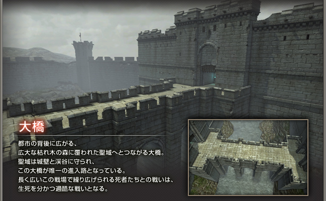 大橋　都市の背後に広がる、広大な枯れ木の森に覆われた聖域へとつながる大橋。聖域は城壁と渓谷に守られ、この大橋が唯一の進入路となっている。長く広いこの戦場で繰り広げられる死者たちとの戦いは、生死を分かつ過酷な戦いとなる。