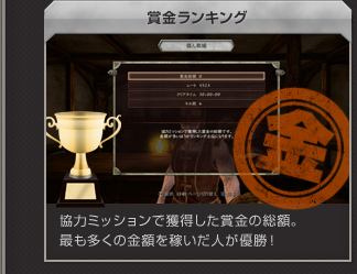 賞金ランキング　協力ミッションで獲得した賞金の総額。最も多くの金額を稼いだ人が優勝！ 